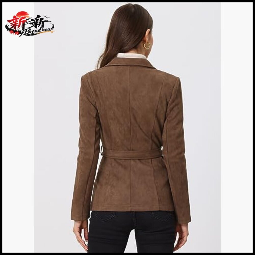 Faux Suede Blazer Jacket Belted Lapel Single Breasted Work Outwear - Picture 4 of 5